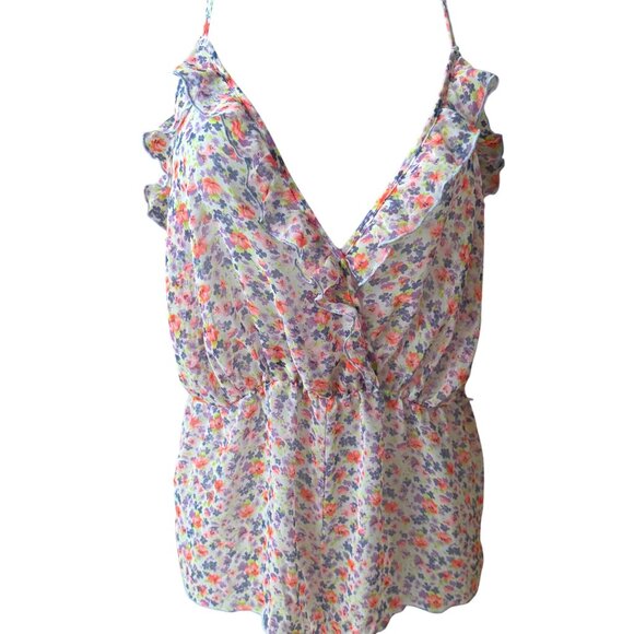 Victorias Secret Floral Print Ruffle Romper With Plunging Neckline & Cross-Strap - Picture 2 of 4